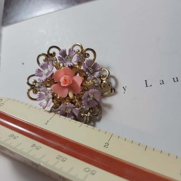 Antique Brooch Christian Peach Rose and a Cross says Protect us - Picture 9 of 9